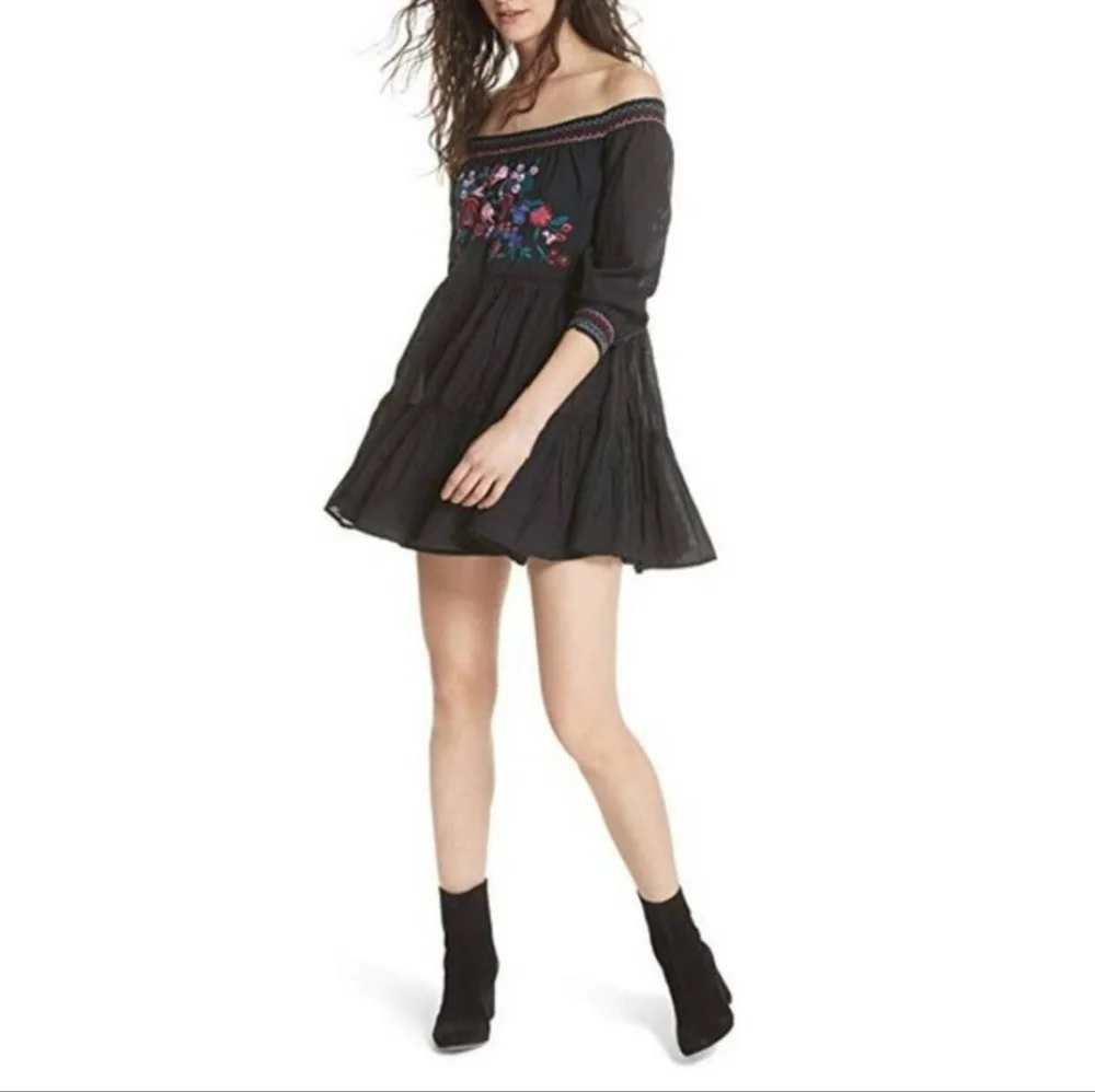 Free People Embroidered Floral Gypsy Dress Black Women Large Y2K - Picture 3 of 12